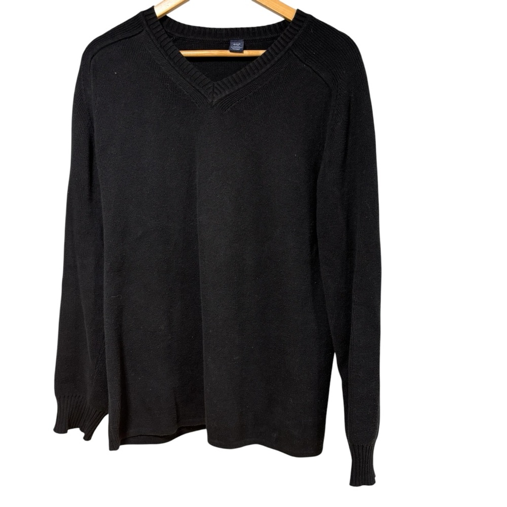 GAP Mens V-Neck Sweater Black‎ 100% Cotton Knit Pullover  Large L/G #540